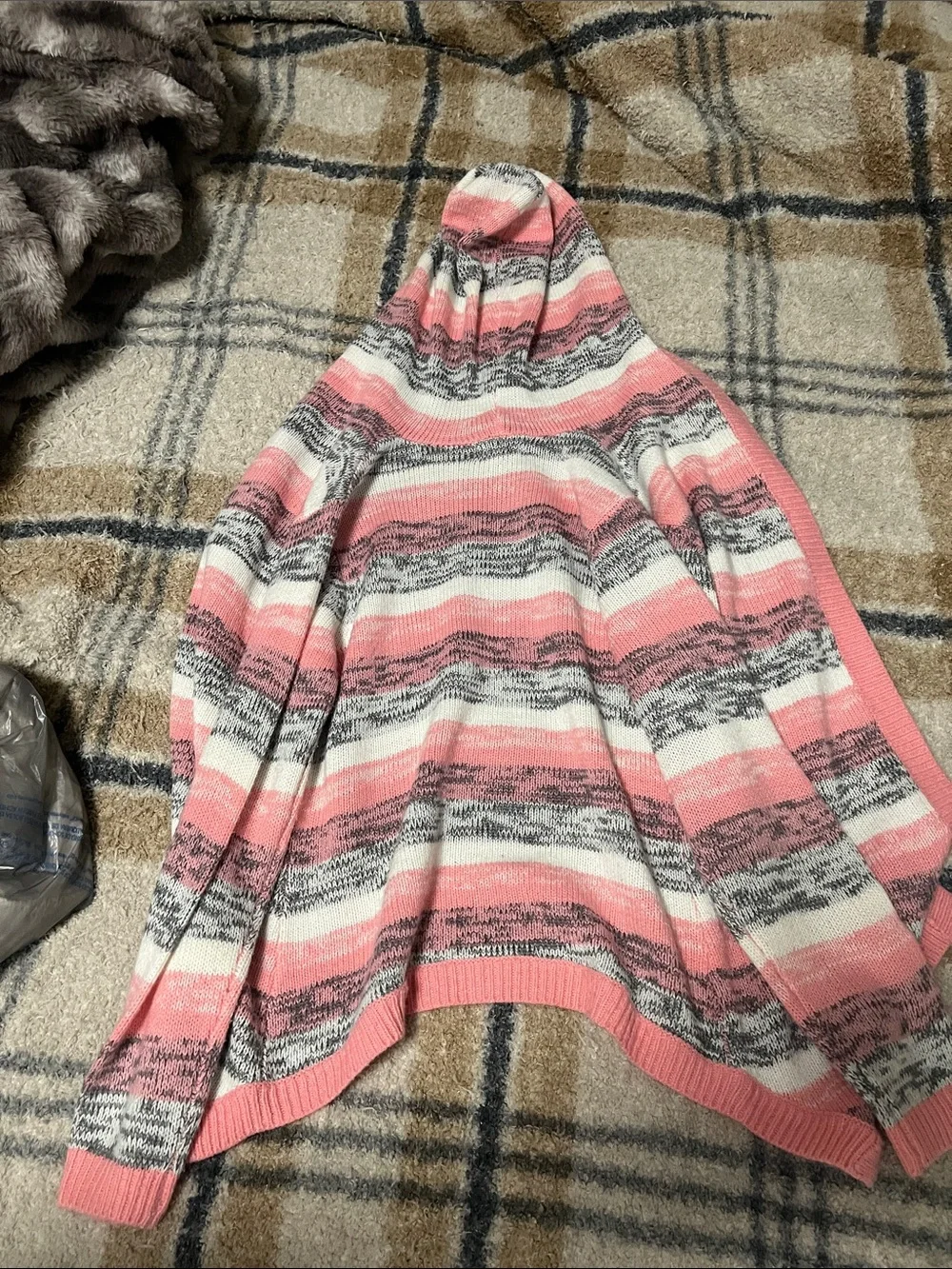 Limited Too Hooded Open-Front Striped Cardigan - Pink Gray White girls